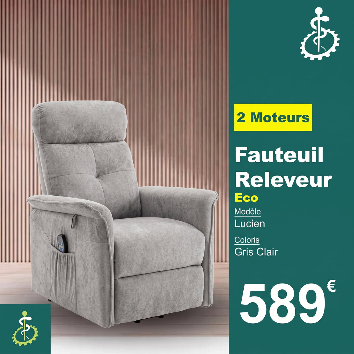 Fauteuil relax releveur Eco - 2 Moteurs - Modèle Lucien - Gris clair